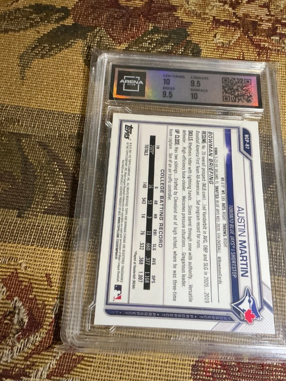 2021 Bowman Chrome Pros. Austin Martin BCP-87 Atomic Refractor Graded Arena 10